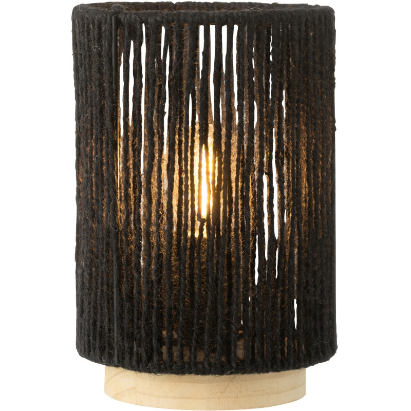Lampe à poser Led ethnique chic cylindrique H 20 cm Coton Noir Tressé Bois Naturel Métal Shory 