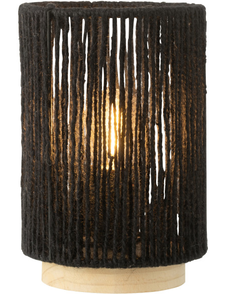 Lampe à poser Led ethnique chic cylindrique H 20 cm Coton Noir Tressé Bois Naturel Métal Shory 