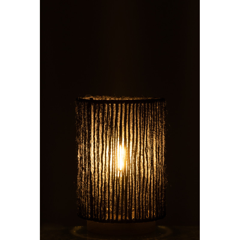 Lampe à poser Led ethnique chic cylindrique H 20 cm Coton Noir Tressé Bois Naturel Métal Shory 