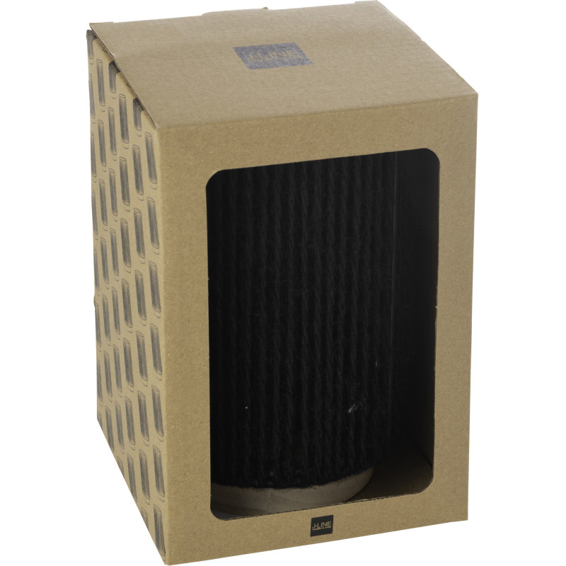 Lampe à poser Led ethnique chic cylindrique H 20 cm Coton Noir Tressé Bois Naturel Métal Shory 