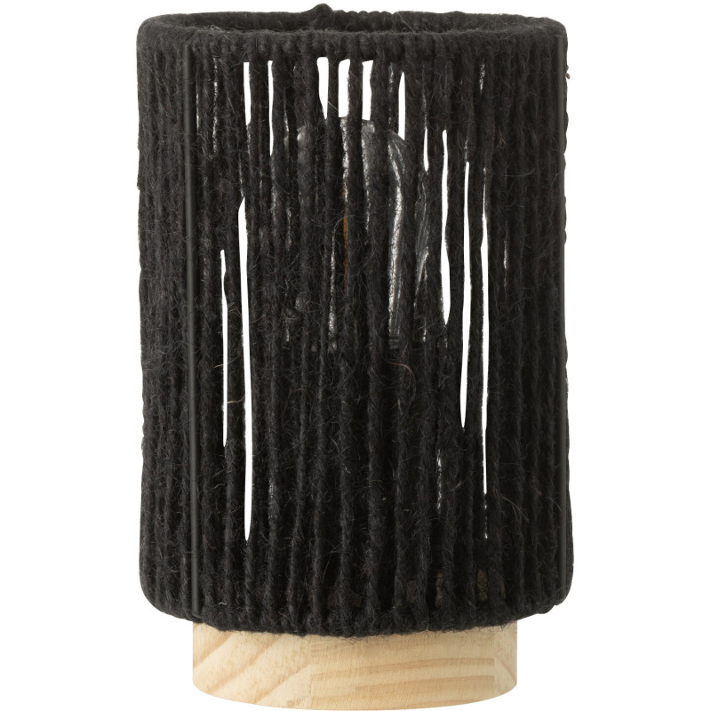 Lampe à poser Led ethnique chic cylindrique H 16 cm Coton Noir Tressé Bois Naturel Métal Shory 