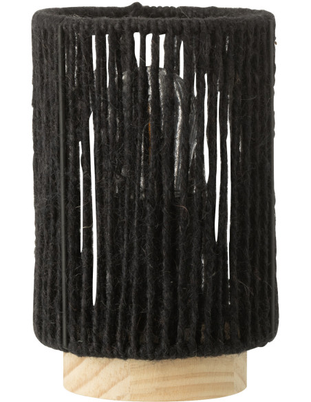 Lampe à poser Led ethnique chic cylindrique H 16 cm Coton Noir Tressé Bois Naturel Métal Shory 