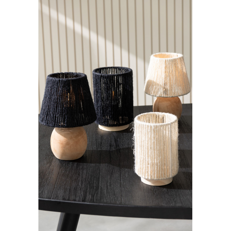 Lampe à poser Led ethnique chic cylindrique H 16 cm Coton Noir Tressé Bois Naturel Métal Shory 