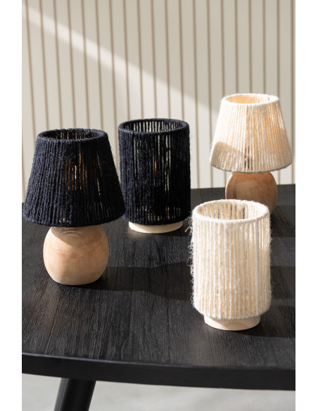 Lampe à poser Led ethnique chic cylindrique H 16 cm Coton Noir Tressé Bois Naturel Métal Shory 