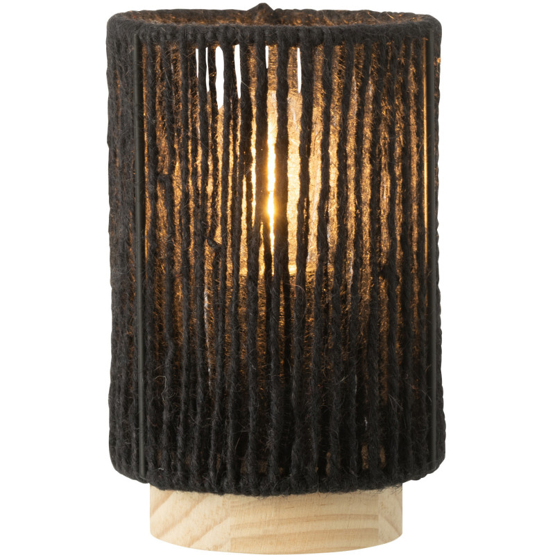 Lampe à poser Led ethnique chic cylindrique H 16 cm Coton Noir Tressé Bois Naturel Métal Shory 