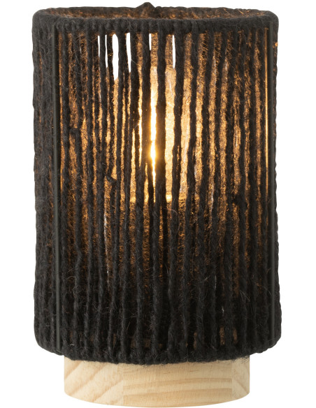 Lampe à poser Led ethnique chic cylindrique H 16 cm Coton Noir Tressé Bois Naturel Métal Shory 