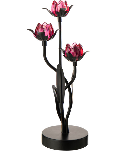 Lampe à poser Led design 3 Fleurs H 36 cm Verre Rose Métal Noir Floréssana 