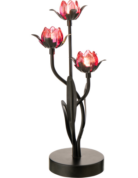 Lampe à poser Led design 3 Fleurs H 36 cm Verre Rose Métal Noir Floréssana 