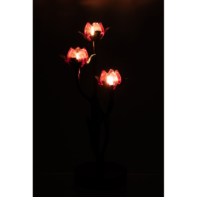 Lampe à poser Led design 3 Fleurs H 36 cm Verre Rose Métal Noir Floréssana 