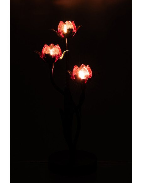 Lampe à poser Led design 3 Fleurs H 36 cm Verre Rose Métal Noir Floréssana 