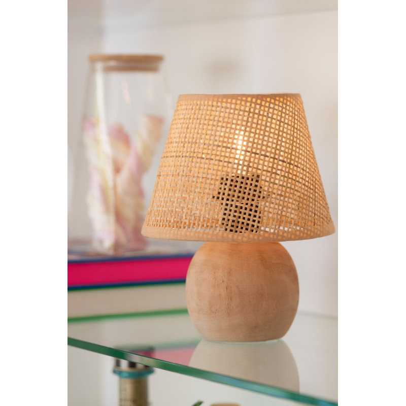 Lampe à poser Led bohème Boule H 23 cm Bois Rotin Naturel Tressé Métal Torsiano 