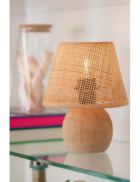 Lampe à poser Led bohème Boule H 23 cm Bois Rotin Naturel Tressé Métal Torsiano 