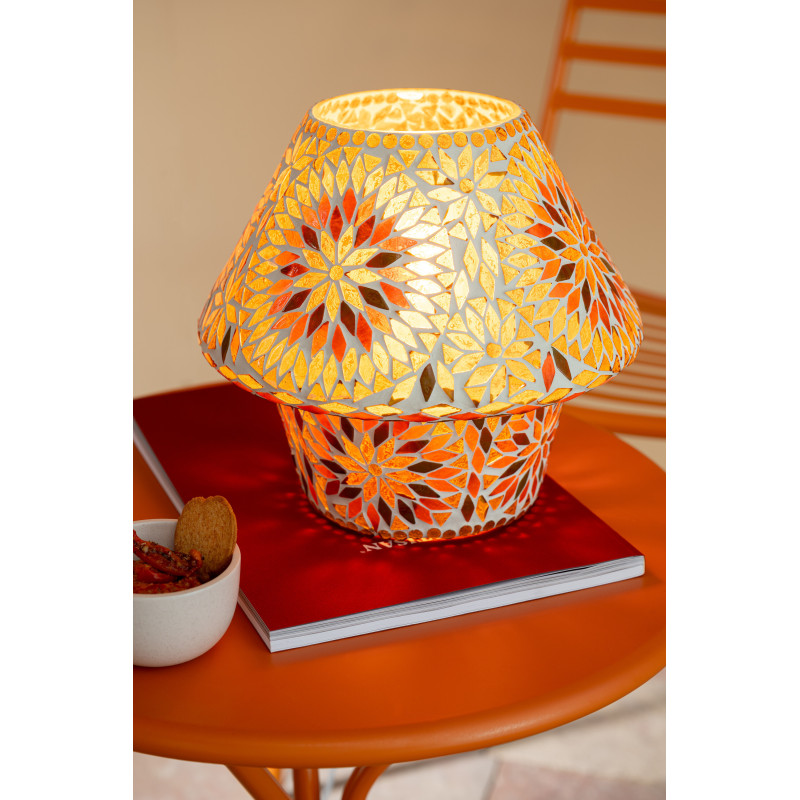 Lampe à poser Champignon style méditerranéen H 22 cm Verre Orange foncé Marron Mosaïque Motif fleurs Solmosa 