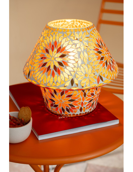 Lampe à poser Champignon style méditerranéen H 22 cm Verre Orange foncé Marron Mosaïque Motif fleurs Solmosa 