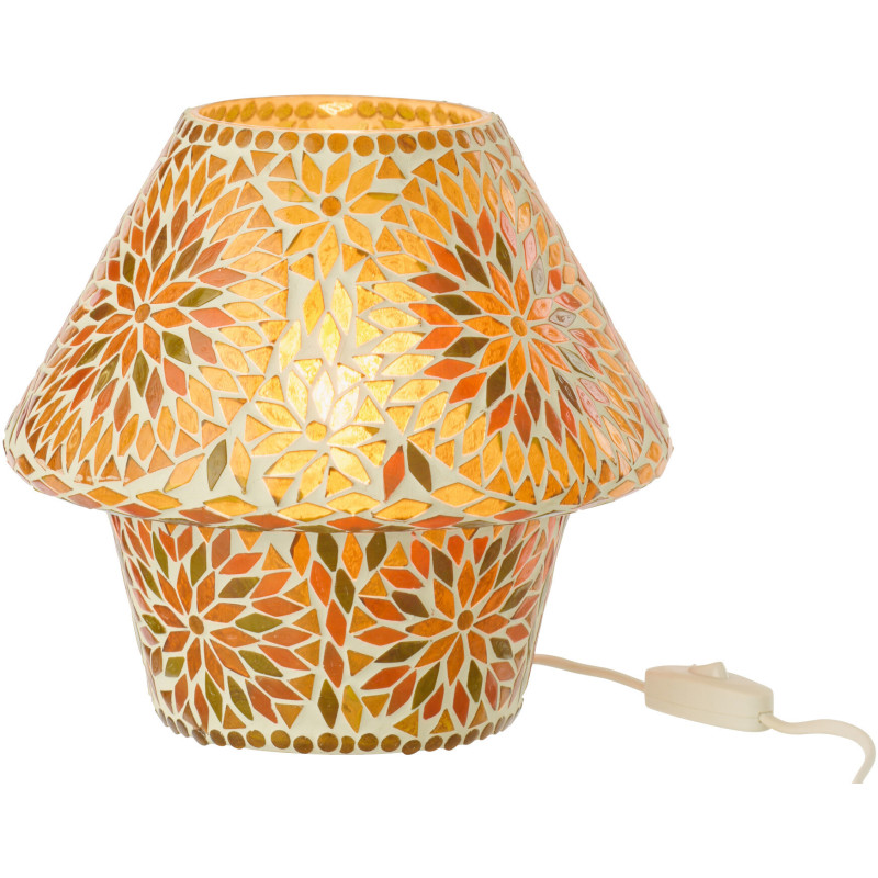 Lampe à poser Champignon style méditerranéen H 22 cm Verre Orange foncé Marron Mosaïque Motif fleurs Solmosa 