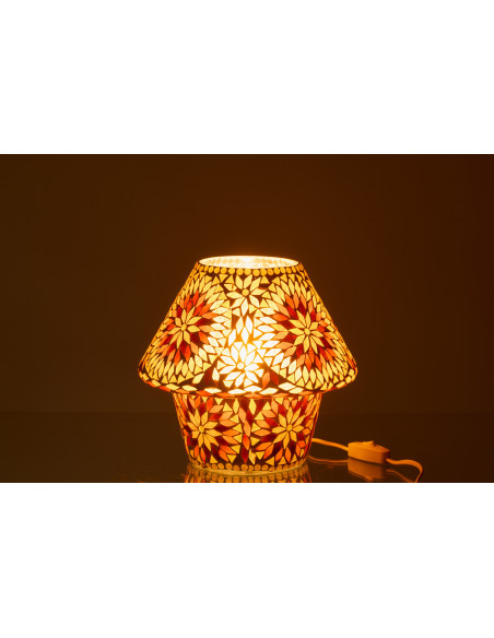 Lampe à poser Champignon style méditerranéen H 22 cm Verre Orange foncé Marron Mosaïque Motif fleurs Solmosa 