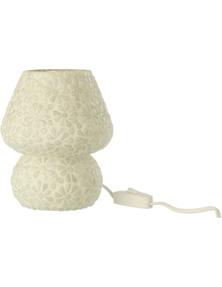 Lampe à poser Champignon style japandi organique H 17 cm Verre Blanc Vert clair Mosaïque Motif fleurs Nerumi 