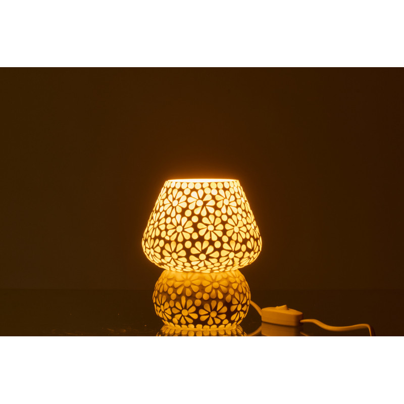 Lampe à poser Champignon style japandi organique H 17 cm Verre Blanc Vert clair Mosaïque Motif fleurs Nerumi 