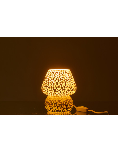 Lampe à poser Champignon style japandi organique H 17 cm Verre Blanc Vert clair Mosaïque Motif fleurs Nerumi 