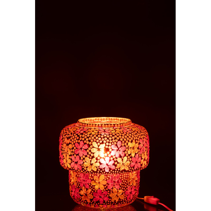 Lampe à poser Champignon bohème pop seventies H 24 cm Verre Rose foncé Orange Mosaïque Motif fleurs Floralyth 