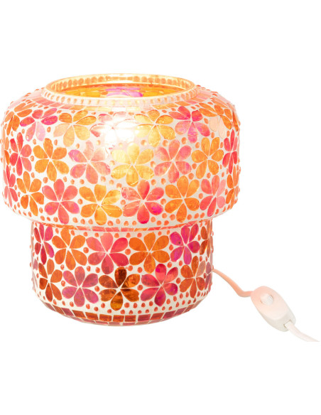 Lampe à poser Champignon bohème pop seventies H 18 cm Verre Rose foncé Orange Mosaïque Motif fleurs Floralyth 