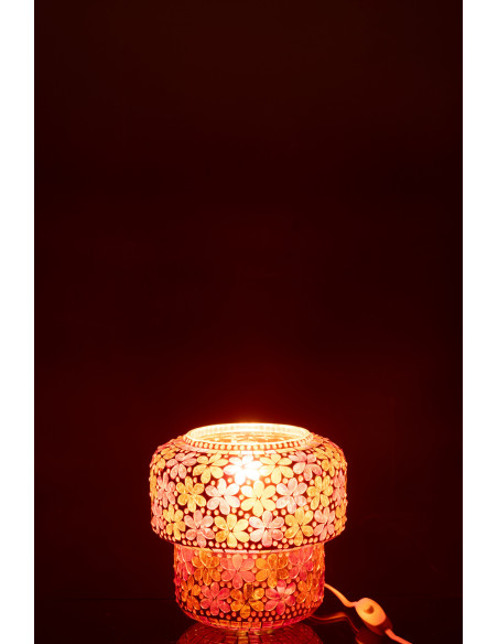 Lampe à poser Champignon bohème pop seventies H 18 cm Verre Rose foncé Orange Mosaïque Motif fleurs Floralyth 