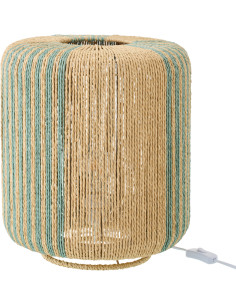 Lampe à poser bohème cylindre H 39 cm Corde Naturel Turquoise Tressé Métal Linéora 