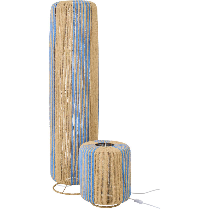 Lampadaire sur pied bohème cylindre H 138 cm Corde Naturel Bleu Tressé Métal Linéora 