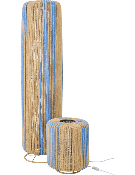 Lampadaire sur pied bohème cylindre H 138 cm Corde Naturel Bleu Tressé Métal Linéora 