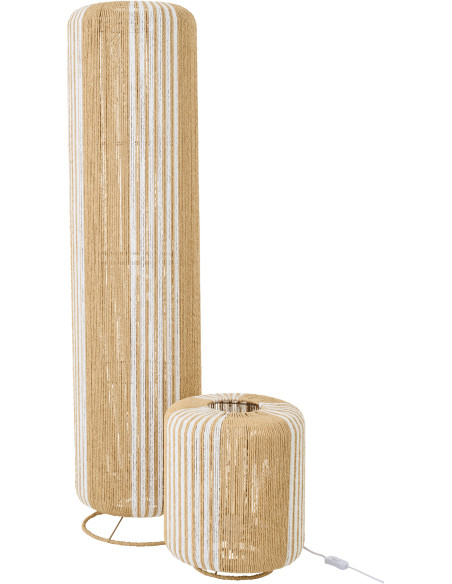 Lampadaire sur pied bohème cylindre H 138 cm Corde Naturel Blanc Tressé Métal Linéora 
