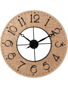 Horloge murale bord de mer Ronde 60 cm Bois MDF Métal Roseau Naturel Noir Tressé Sodi 