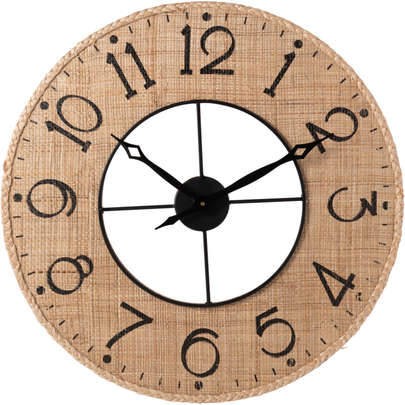 Horloge murale bord de mer Ronde 60 cm Bois MDF Métal Roseau Naturel Noir Tressé Sodi 
