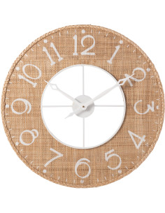 Horloge murale bord de mer Ronde 60 cm Bois MDF Métal Roseau Naturel Blanc Tressé Sodi 
