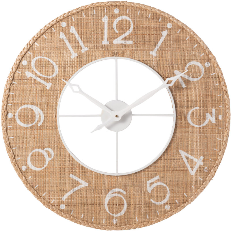Horloge murale bord de mer Ronde 60 cm Bois MDF Métal Roseau Naturel Blanc Tressé Sodi 