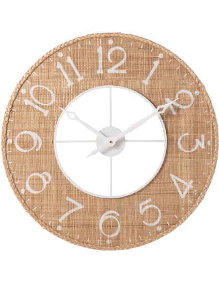 Horloge murale bord de mer Ronde 60 cm Bois MDF Métal Roseau Naturel Blanc Tressé Sodi 