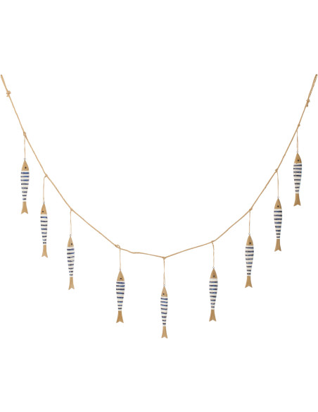 Guirlande déco bord de mer Poissons 175 cm Bois de paulownia Naturel Bleu foncé Blanc Nautina 