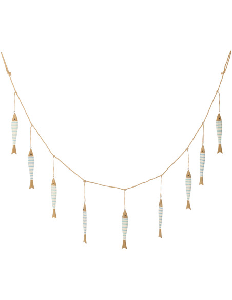 Guirlande déco bord de mer Poissons 175 cm Bois de paulownia Bleu clair Blanc Naturel Nautina 