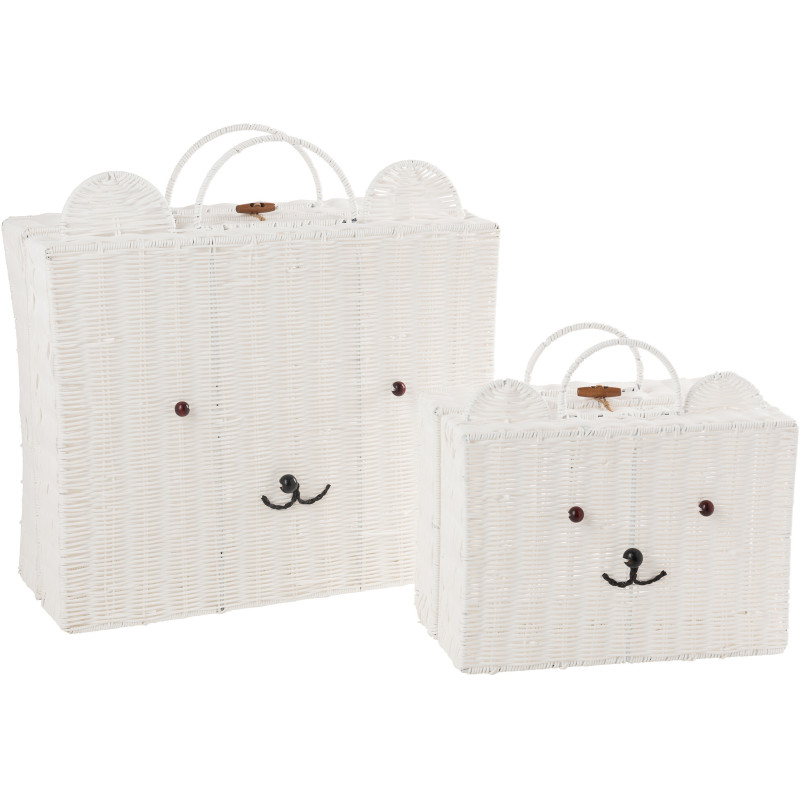 Grande Valise de rangement déco Ourson 50 cm Rotin synthétique Blanc Tressé Callisto 