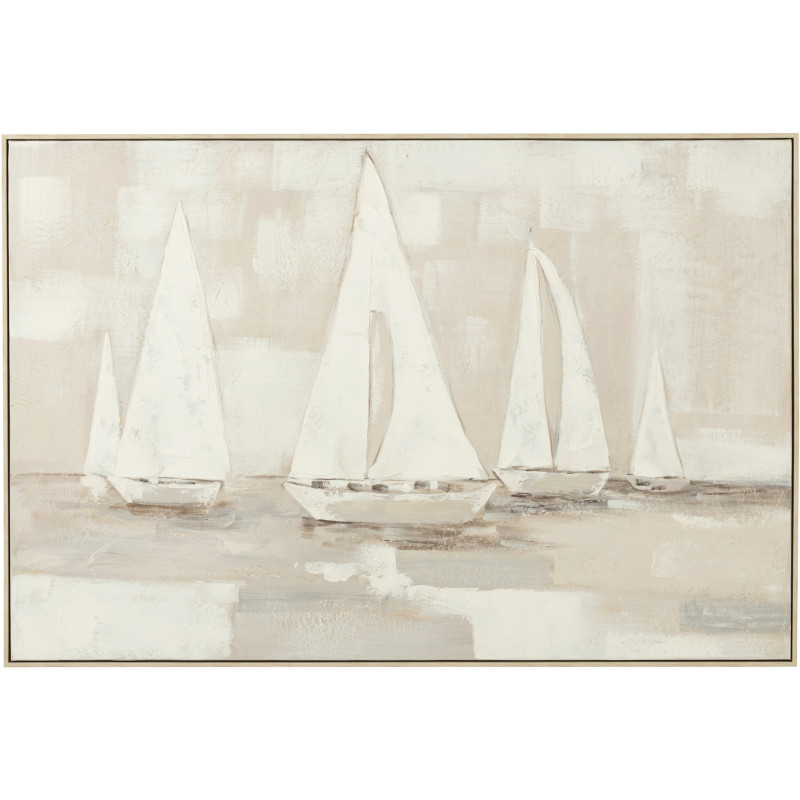 Grande Toile murale peinte Voiliers Cadre bois naturel blanchi 122x85 Blanc Beige Tog 