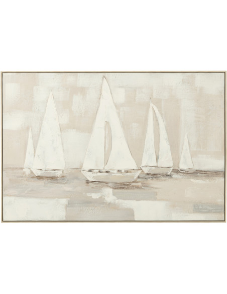 Grande Toile murale peinte Voiliers Cadre bois naturel blanchi 122x85 Blanc Beige Tog 