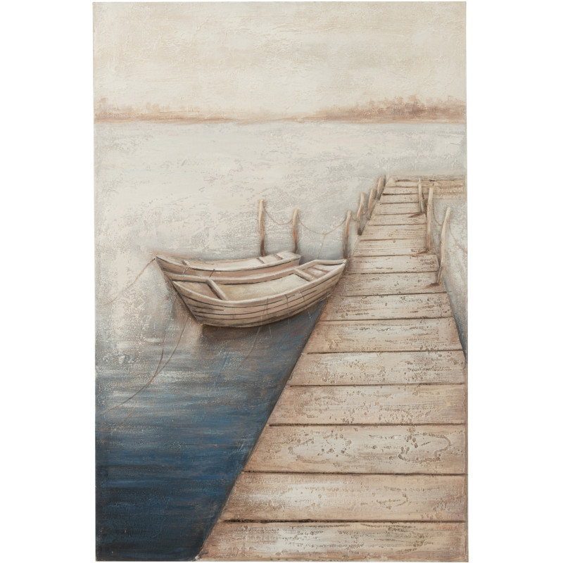 Grande Toile murale peinte Ponton & Barques 80x120 Bleu Beige Mog 