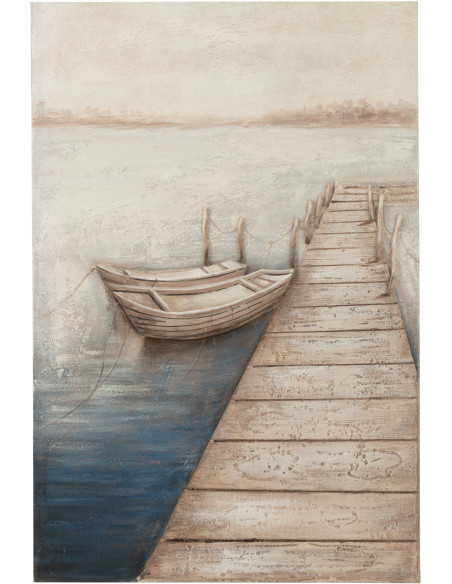 Grande Toile murale peinte Ponton & Barques 80x120 Bleu Beige Mog 