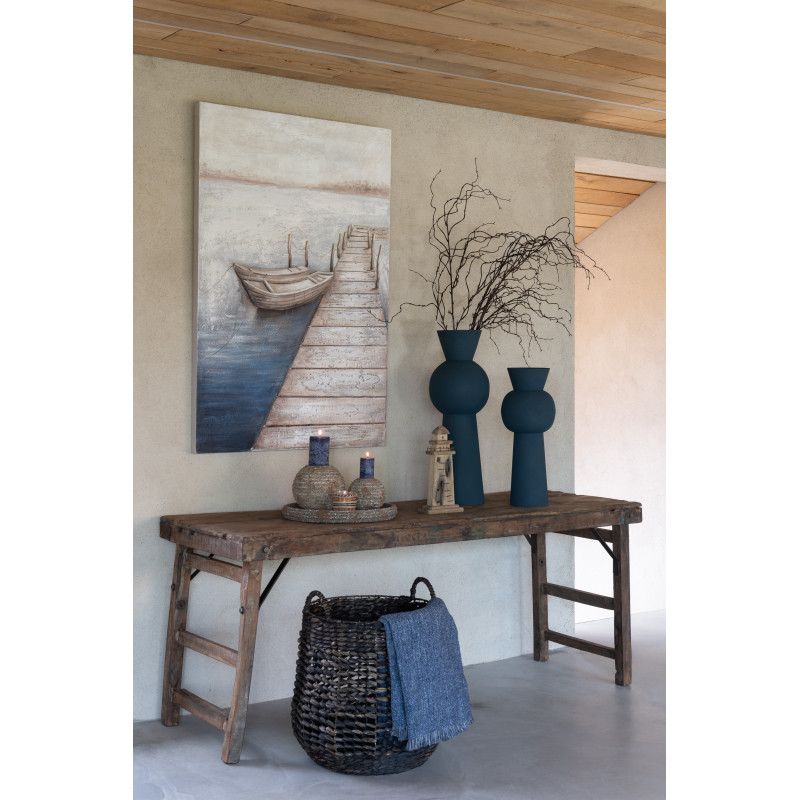 Grande Toile murale peinte Ponton & Barques 80x120 Bleu Beige Mog 