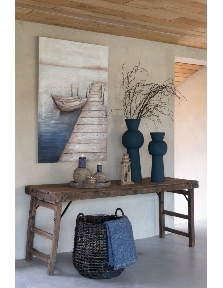 Grande Toile murale peinte Ponton & Barques 80x120 Bleu Beige Mog 