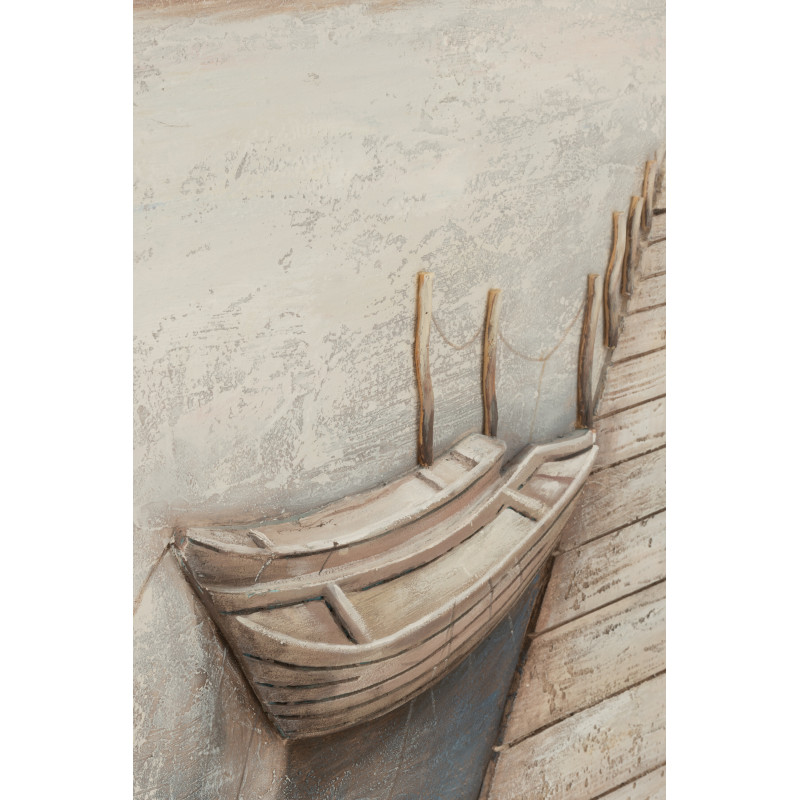 Grande Toile murale peinte Ponton & Barques 80x120 Bleu Beige Mog 