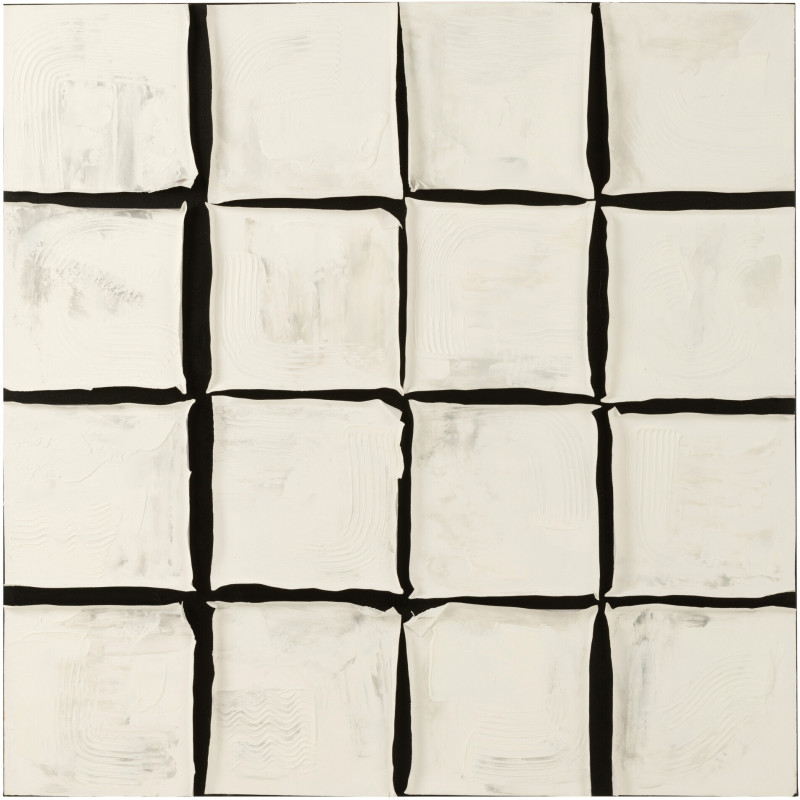 Grande Toile murale peinte Japandi Carrés 122x122 Blanc Noir Monolia 