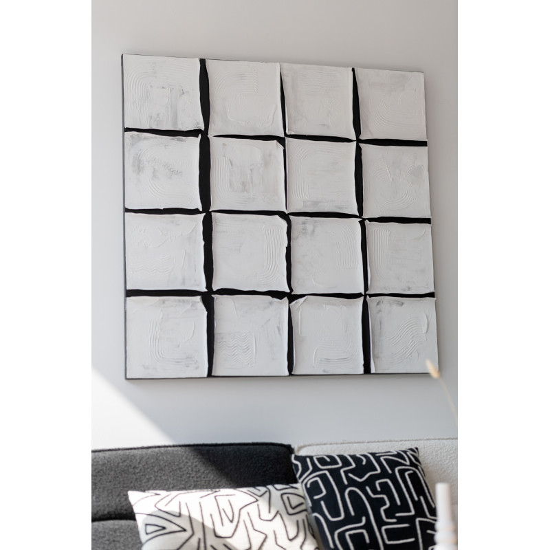 Grande Toile murale peinte Japandi Carrés 122x122 Blanc Noir Monolia 
