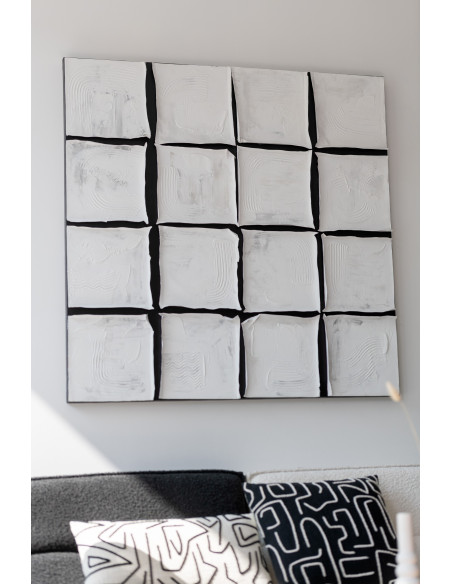 Grande Toile murale peinte Japandi Carrés 122x122 Blanc Noir Monolia 
