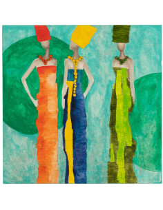 Grande Toile murale peinte Femmes 100x100 Rouge Bleu Vert Trinida 