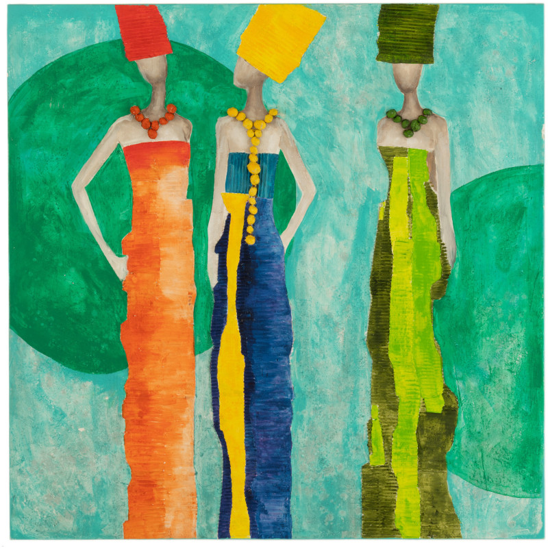 Grande Toile murale peinte Femmes 100x100 Rouge Bleu Vert Trinida 